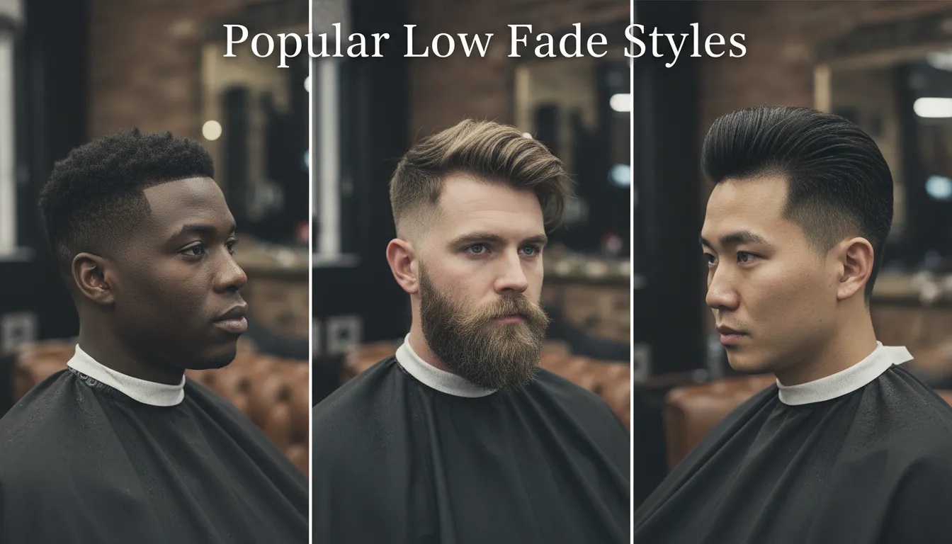 Types of Low Fade Haircuts for Men - A variety of low fade styles including classic, textured, and polished variations for different hair types.