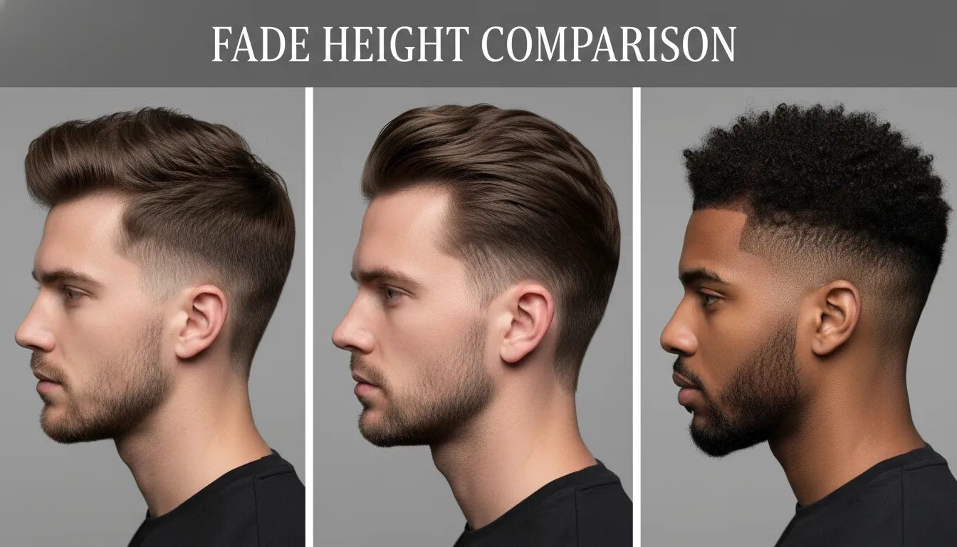 Low Fade vs Mid Fade vs High Fade - Visual guide comparing the starting points and heights of the most common barbershop fade levels.