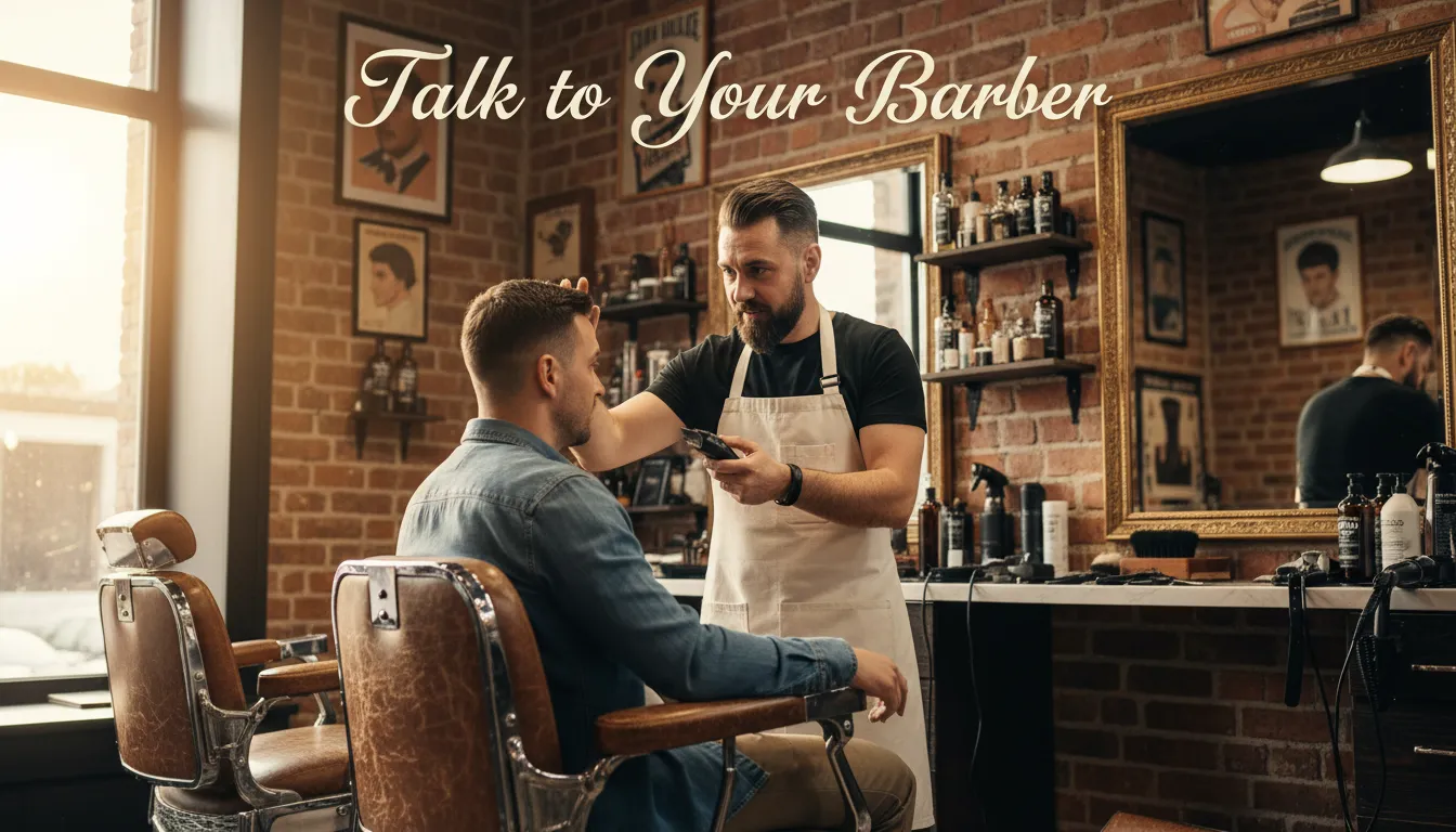How to Ask Your Barber for a Low Fade Haircut - Client communicating specific hair length and fade requests to a barber for a customized look.