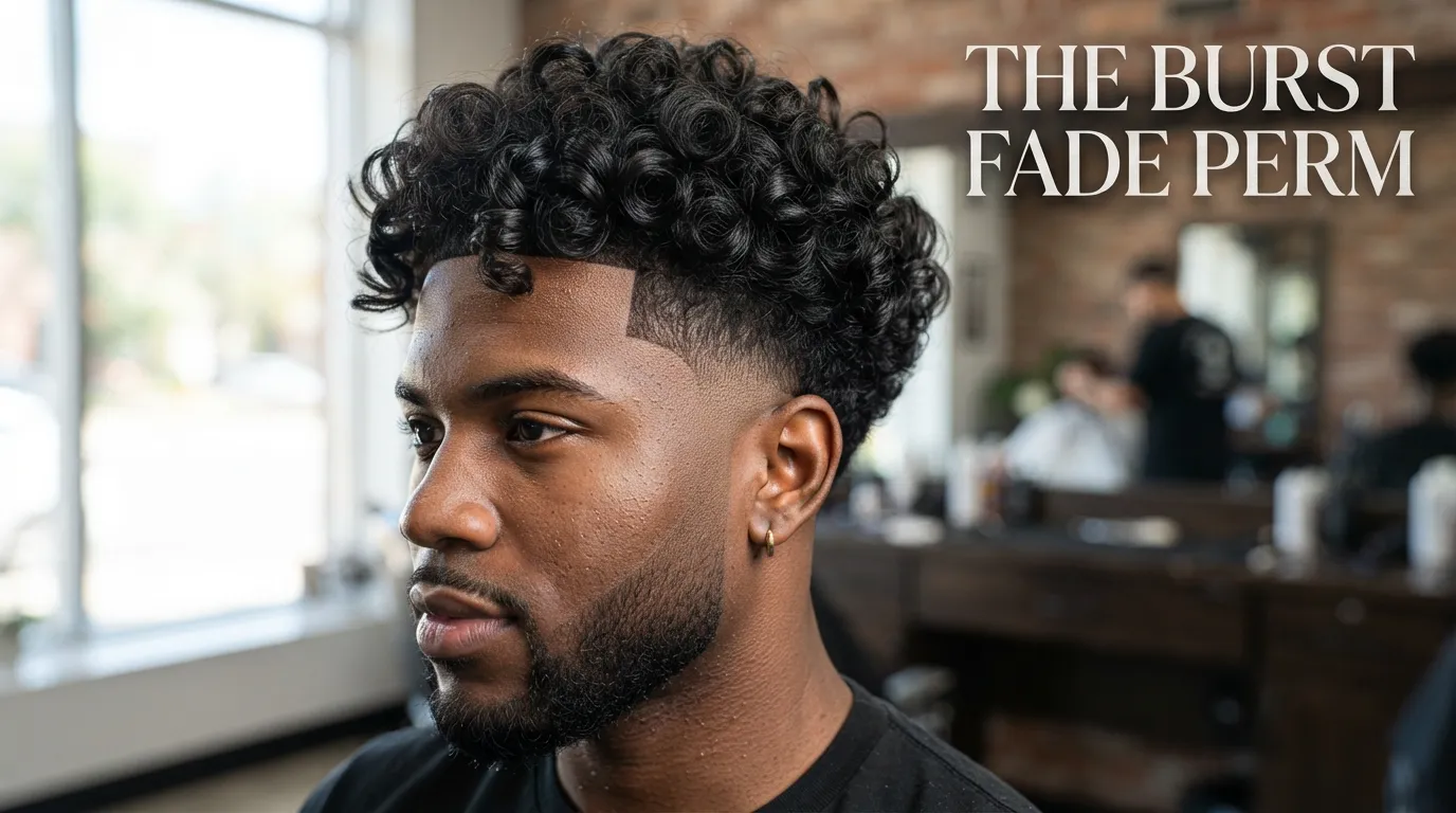 What Is a Burst Fade Perm illustrating the combination of a circular fade and curly perm for men.