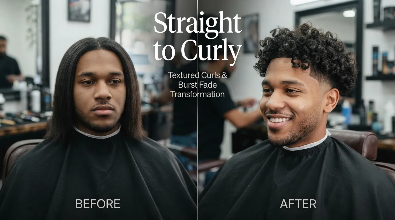 Does a Burst Fade Perm Work on Straight Hair showing the transformation from flat hair to curly volume.