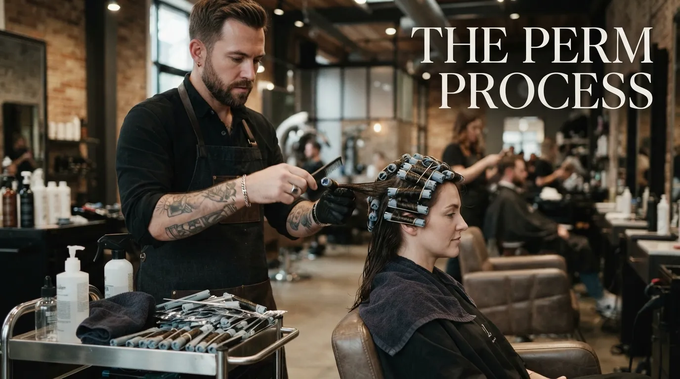 How a Burst Fade Perm Is Done showing the perm rod wrapping process in a professional salon.